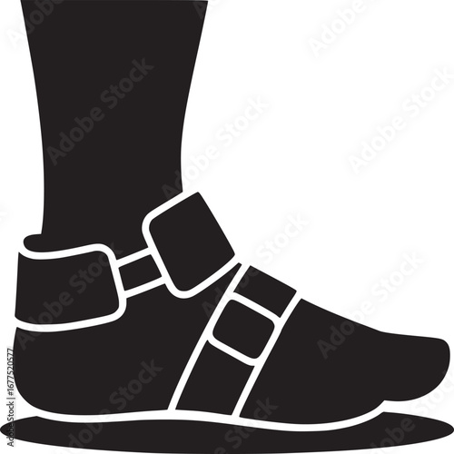 A black and white graphic of a foot wearing a medical boot with straps and a flat sole design style