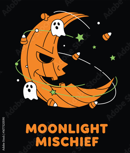 Retro Halloween Cartoon Jack-o'-Lantern Moon with Cute Orbiting Ghosts