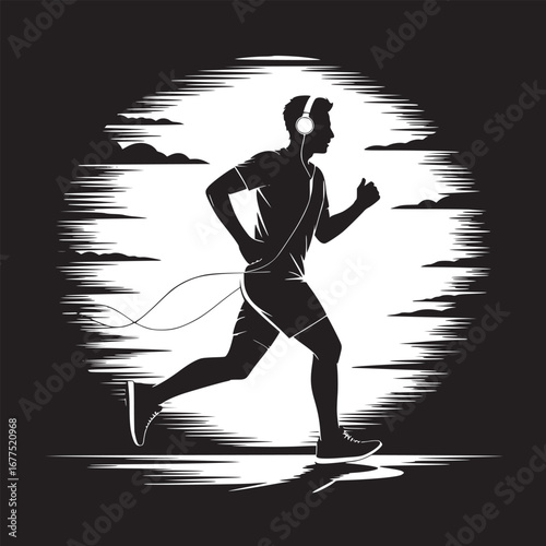 Silhouette of a man running with headphones on a black and white background with clouds and lines