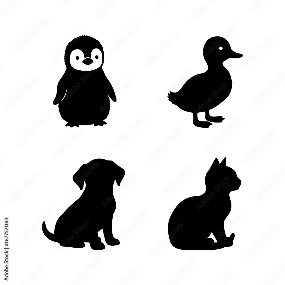 Fototapeta premium Black silhouettes of a penguin, duck, dog, and cat arranged in a square on a white background