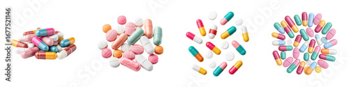 A collection of colorful pills and capsules arranged in various formations, showcasing their diverse shapes and colors.