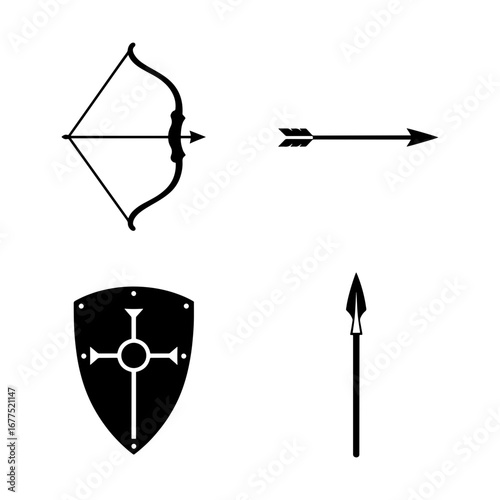 Illustration of a bow and arrow shield and spear representing medieval weaponry in black and white design