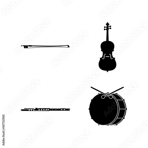 Illustration showing a violin, a bow, a flute and a drum set against a white color background