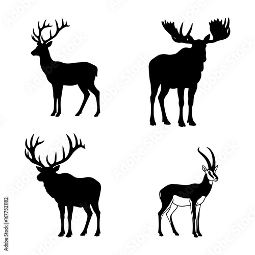 Silhouette collection featuring a deer, moose, elk, and antelope in a simple graphic composition style