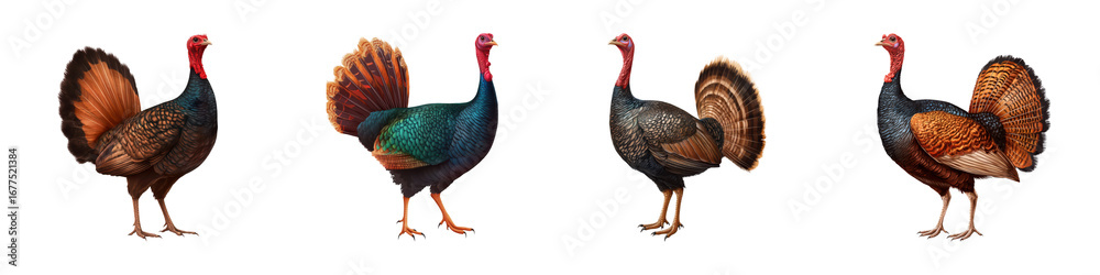 Fototapeta premium A series of four turkeys displaying their vibrant plumage and distinct features, showcasing variations in coloration and tail positioning.