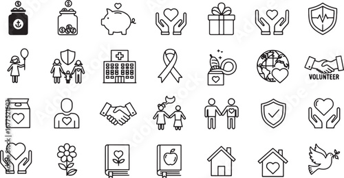 Essential line icons depicting charity, community support, healthcare, and philanthropy, ideal for projects promoting social good, giving, and collective well-being concepts