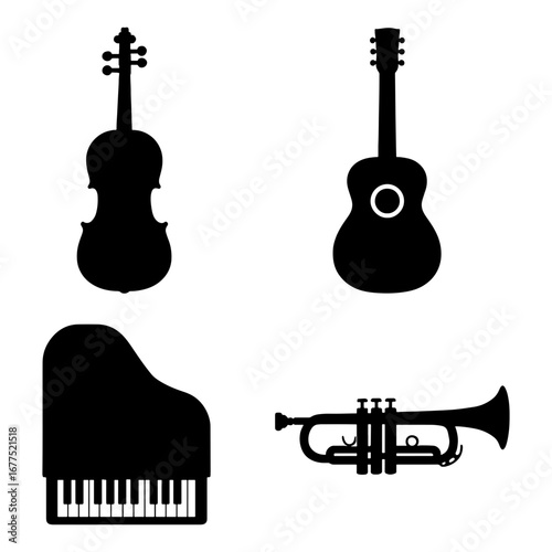 Illustration showing a violin, guitar, piano, and trumpet musical instruments in black silhouette style