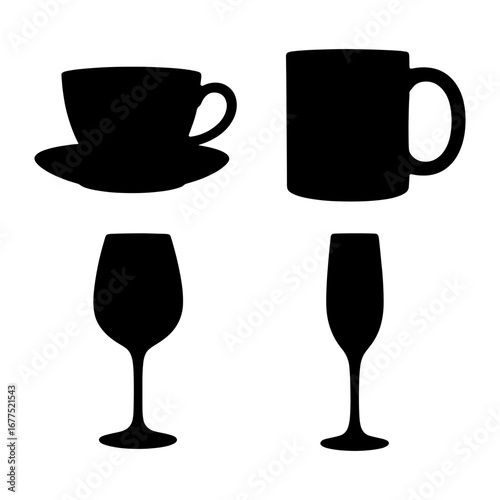 Silhouette of a teacup with saucer, a mug, a wine glass, and a champagne flute in black and white