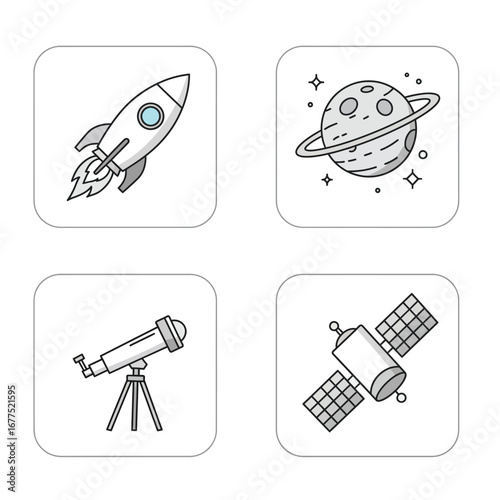 Space Exploration Icons Rocket Planet Telescope and Satellite.