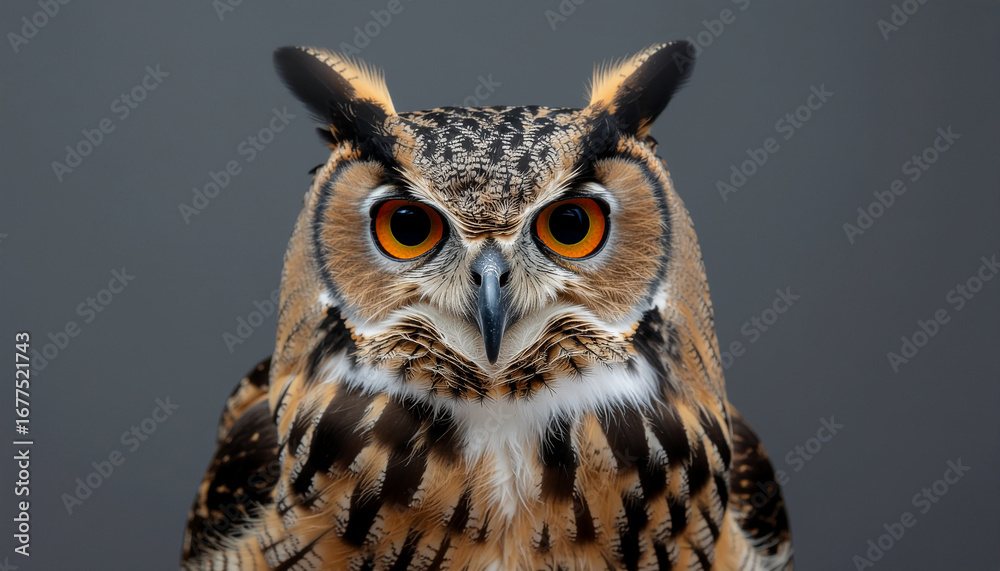 Obraz premium Eurasian eagle owl staring portrait with vivid orange eyes on gray studio background