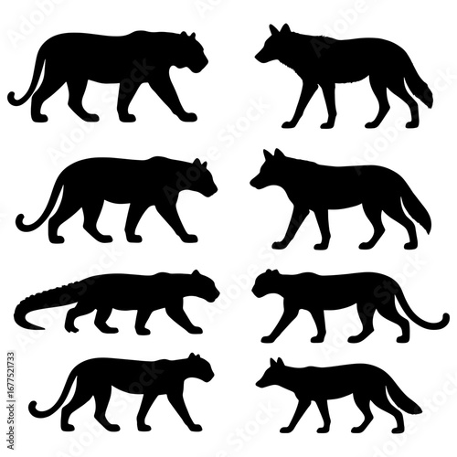 Silhouettes of various animals including tigers wolves and a crocodile in a symmetrical arrangement