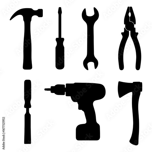Silhouette illustration of various hand tools including a hammer screwdriver wrench and pliers axe and drill
