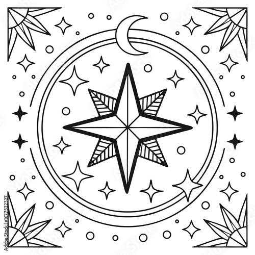 Celestial Star with Moon and Stars Design