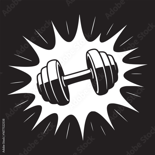A black and white illustration of a dumbbell surrounded by a burst of light and energy effect art