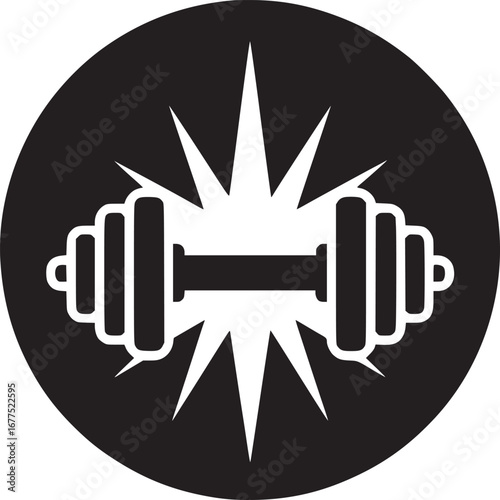 A black and white graphic design of a dumbbell inside a circle with starbursts behind it design