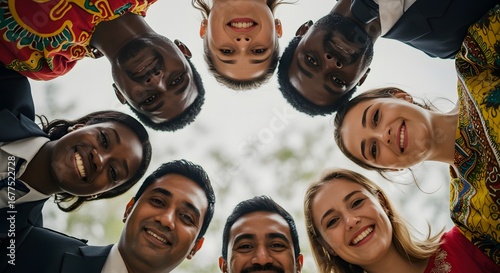 A diverse group of smiling people looking down into the camera forming a circle with their heads Global unity