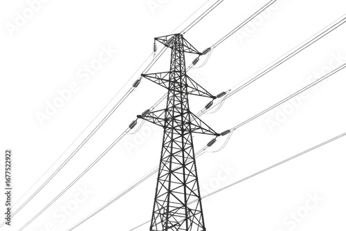 Wireframe illustration of a tall electricity pylon with multiple power lines against a transparent background. background removed