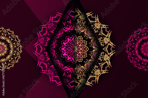 Kaleidoscopic circular mandala artwork featuring golden and purple symmetry glowing purple center on maroon background decorative design for meditation and artistic wall uses