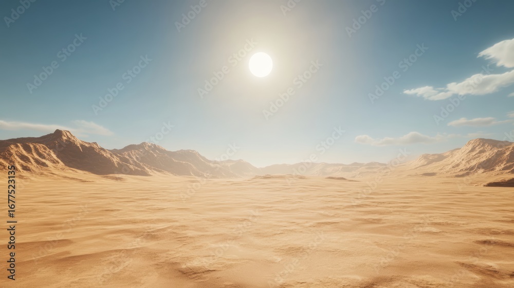 Naklejka premium A vast desert landscape under a bright sun, with gentle rolling dunes and distant mountains against a clear blue sky.