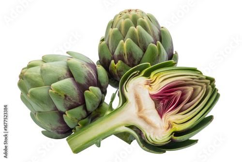 Close-up of three artichokes, one cut open, showcasing its vibrant interior against a transparent background. background removed