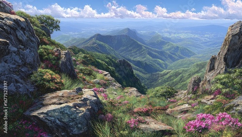 A breathtaking vista from a rocky mountain peak reveals a vast, verdant valley stretching to distant, hazy mountains under a vibrant blue sky dotted with fluffy white clouds