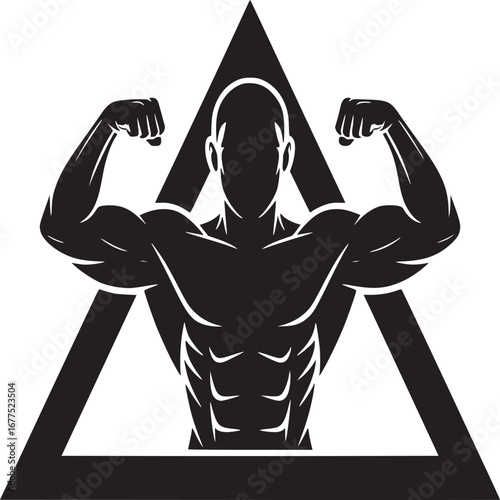 Silhouette of muscular man flexing arms inside a triangle shape on a white background design vector