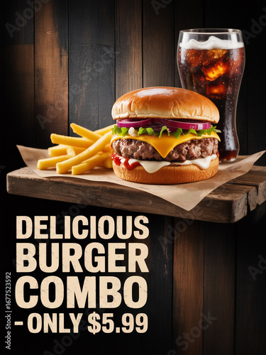 Delicious burger combo meal featuring hamburger french fries and a refreshing soft drink