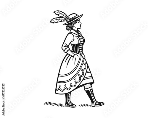 A black and white line drawing depicts a woman in a stylish Victorian-era outfit, walking in profile view