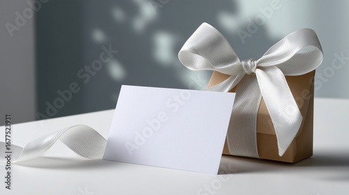 A blank gift card mockup on a clean white surface with a small ribbon
