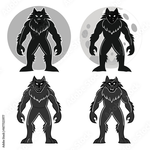 Four Silhouettes of a Muscular Werewolf before the Full Moon