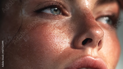 Wallpaper Mural Close-up view of a woman's face, glistening with sweat under the sun's warm glow, highlighting skin texture and hydration. Torontodigital.ca