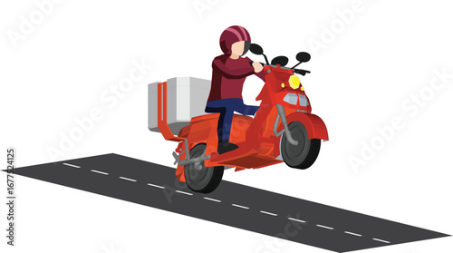 Rider delivers goods according to online orders. Freight forwarding business. Side view of rider speeding up.