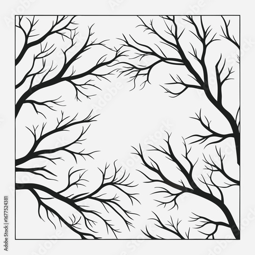 Barren tree branches form a square frame ideal for design projects needing a nature-inspired border