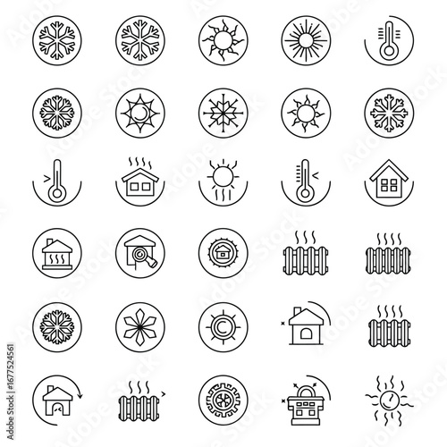 Collection of heating and cooling icons, including sun, snowflake, radiator, and thermometer.