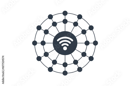 Network connection illustration showing a central WiFi signal surrounded by interconnected nodes. background removed