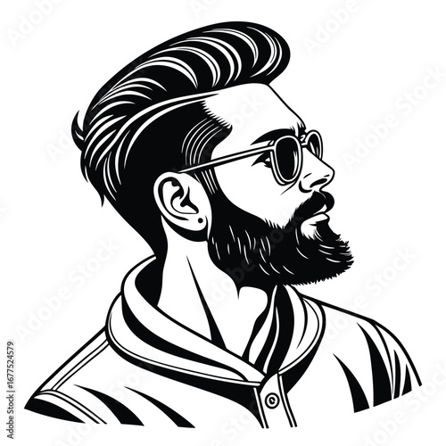 Stylish man with beard and pompadour hairstyle wearing sunglasses