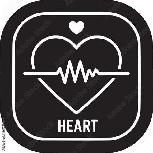 A black and white graphic of a heart with a heartbeat line and the word heart at the bottom