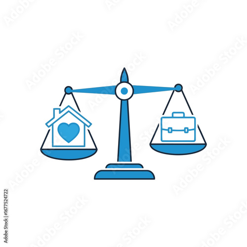 A blue icon of a scale balancing a house with a heart against a briefcase, symbolizing work-life balance.