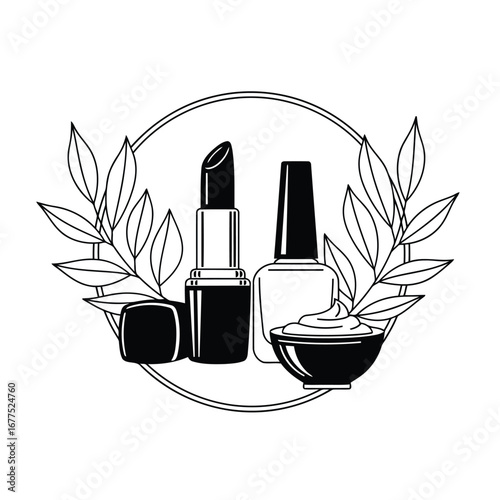 A black and white illustration of beauty products including lipstick, nail polish, and a bowl of cream, surrounded by leaves and a circle.