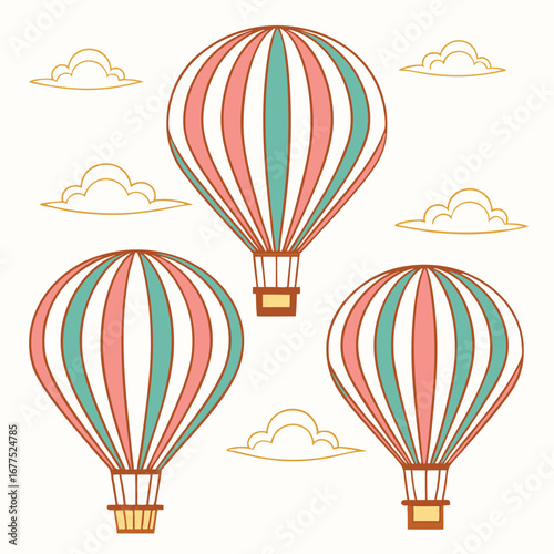 Three pastel hot air balloons float among stylized clouds