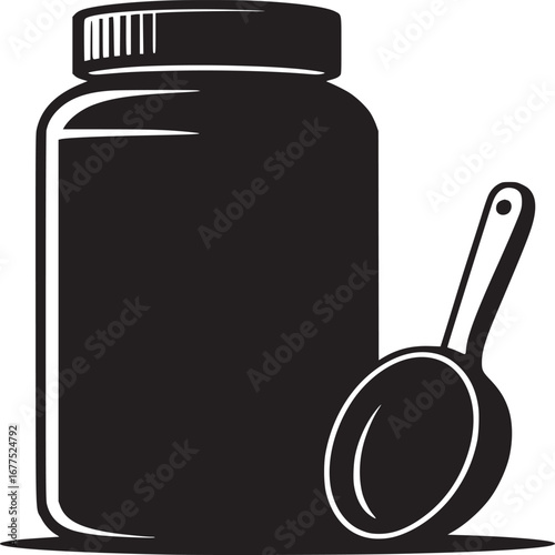 Black and white illustration of a protein powder container with a scoop on a white background