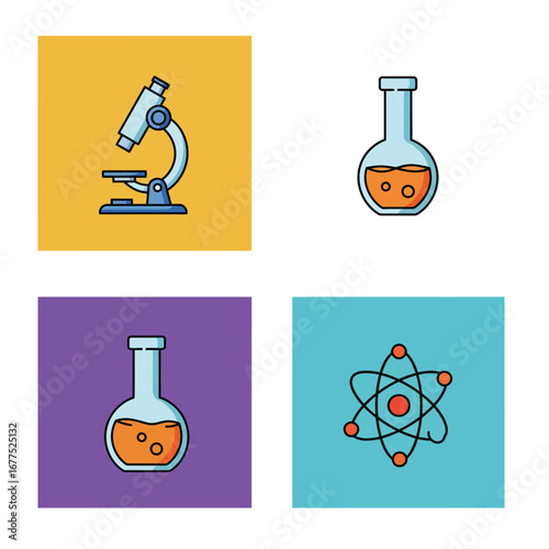 A colorful collection of four flat design science icons a microscope two flasks and an atom symbol.