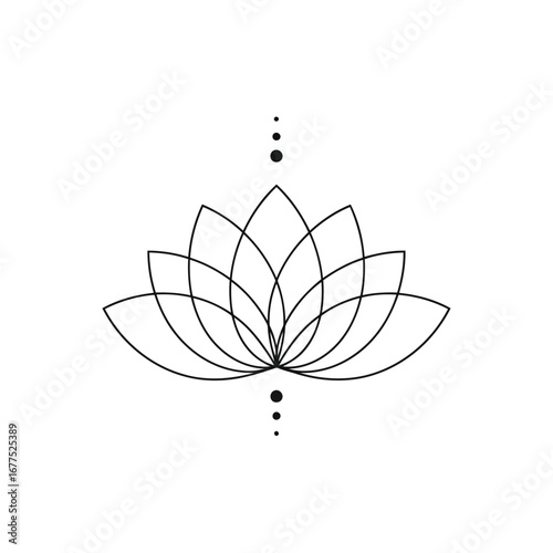 A minimalist black line art drawing of a symmetrical lotus flower with dots, isolated on a white background.