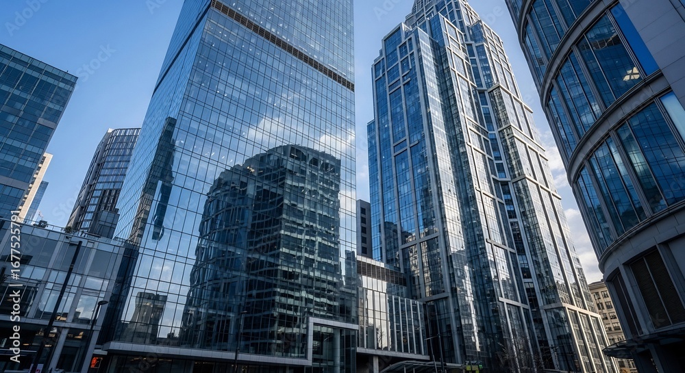 Fototapeta premium Soaring Glass Towers Reflecting a Distorted Urban Sky and Cityscape