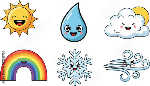 Happy sun, smiling water drop, joyful cloud with sun, cheerful rainbow, playful snowflake, windy air, cute weather icons, flat vector illustration