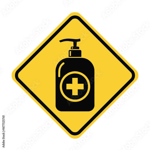 A yellow diamond warning sign with a black icon of a hand sanitizer pump bottle with a medical cross.