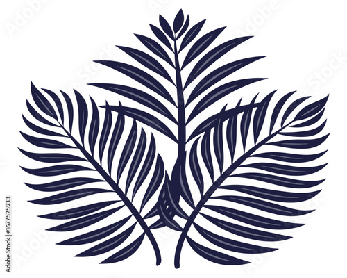 Three stylized palm fronds in navy blue create a symmetrical botanical illustration