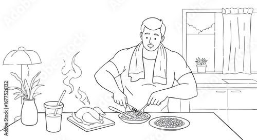 Illustration of a hungry athlete in sportswear carving a roasted chicken for a healthy post-workout protein meal