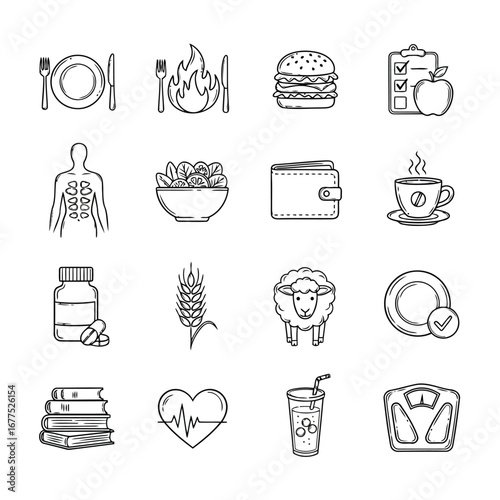 Line icons depicting healthy lifestyle, diet, and fitness.