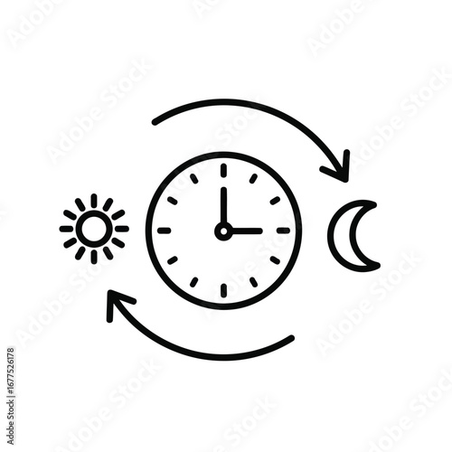 Icon representing the 24-hour cycle with a clock, sun for daytime, and moon for nighttime.
